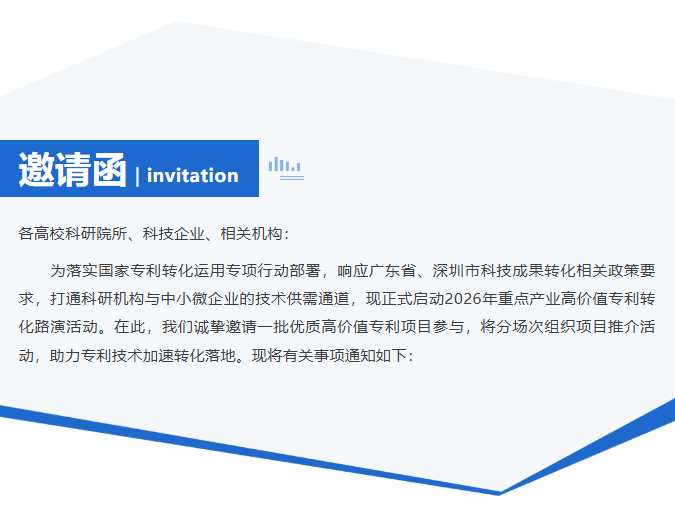 项目推介邀请函|2026年深圳市专利转化对接系列活动（筹备中）