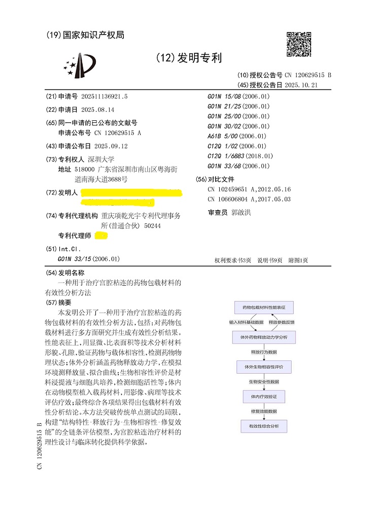 深圳大学|ZL202511136921.5（一种用于治疗宫腔粘连的药物包载材料的有效性分析方法）-发明专利