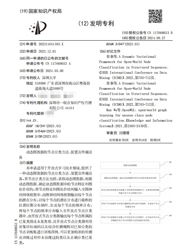 深圳大学|ZL202311641393.X（动态图数据的节点分类方法、装置及终端设备）-发明专利