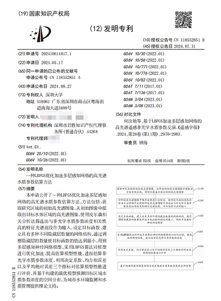 深圳大学|ZL202410614817.1（一种LBFGS优化加速多层感知网络的高光谱水质参数估算方法）-发明专利
