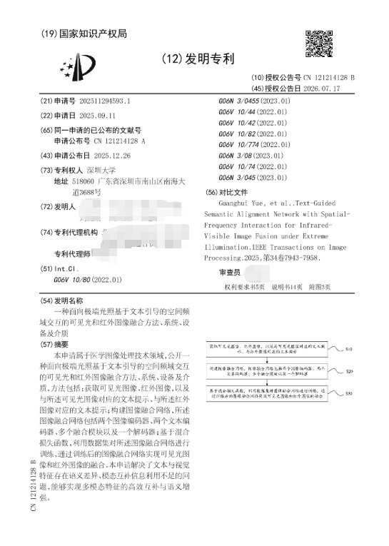 深圳大学|ZL202511294593.1（一种面向极端光照基于文本引导的空间频域交互的可见光和红外图像融合方法、系统、设备及介质）发明专利